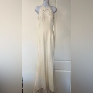 Sherri Hill Halter Ivory Formal Column Gown Dress with Beading and Train Sz 2